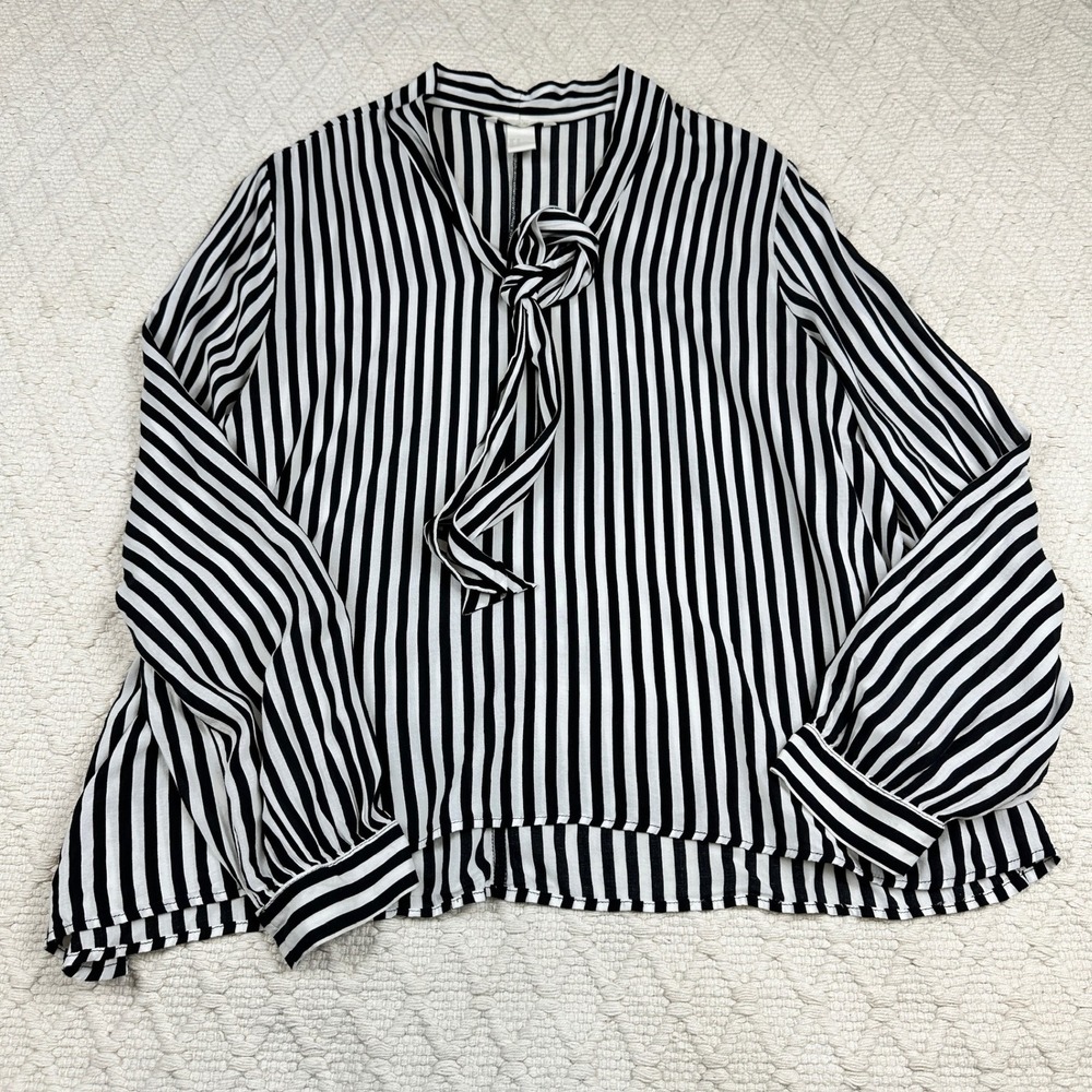 H&M Black White Striped Tie Neck Blouse Long Sleeve Viscose Top Sz 14